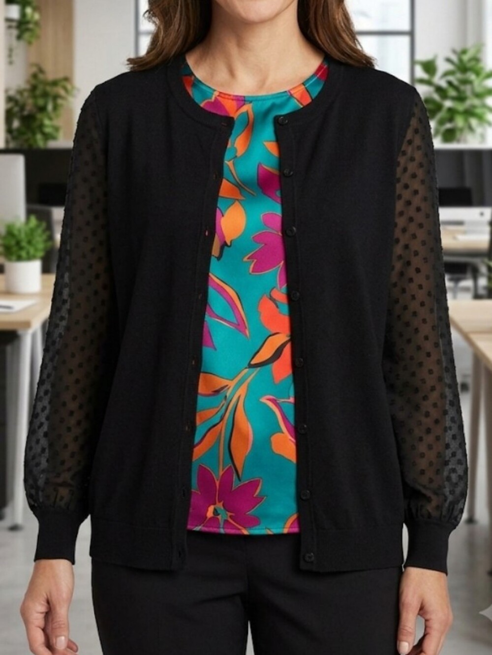 Adrianna Papell Sheer Swiss Dot Sleeve Knit Cardigan SweaterCondition: NWT